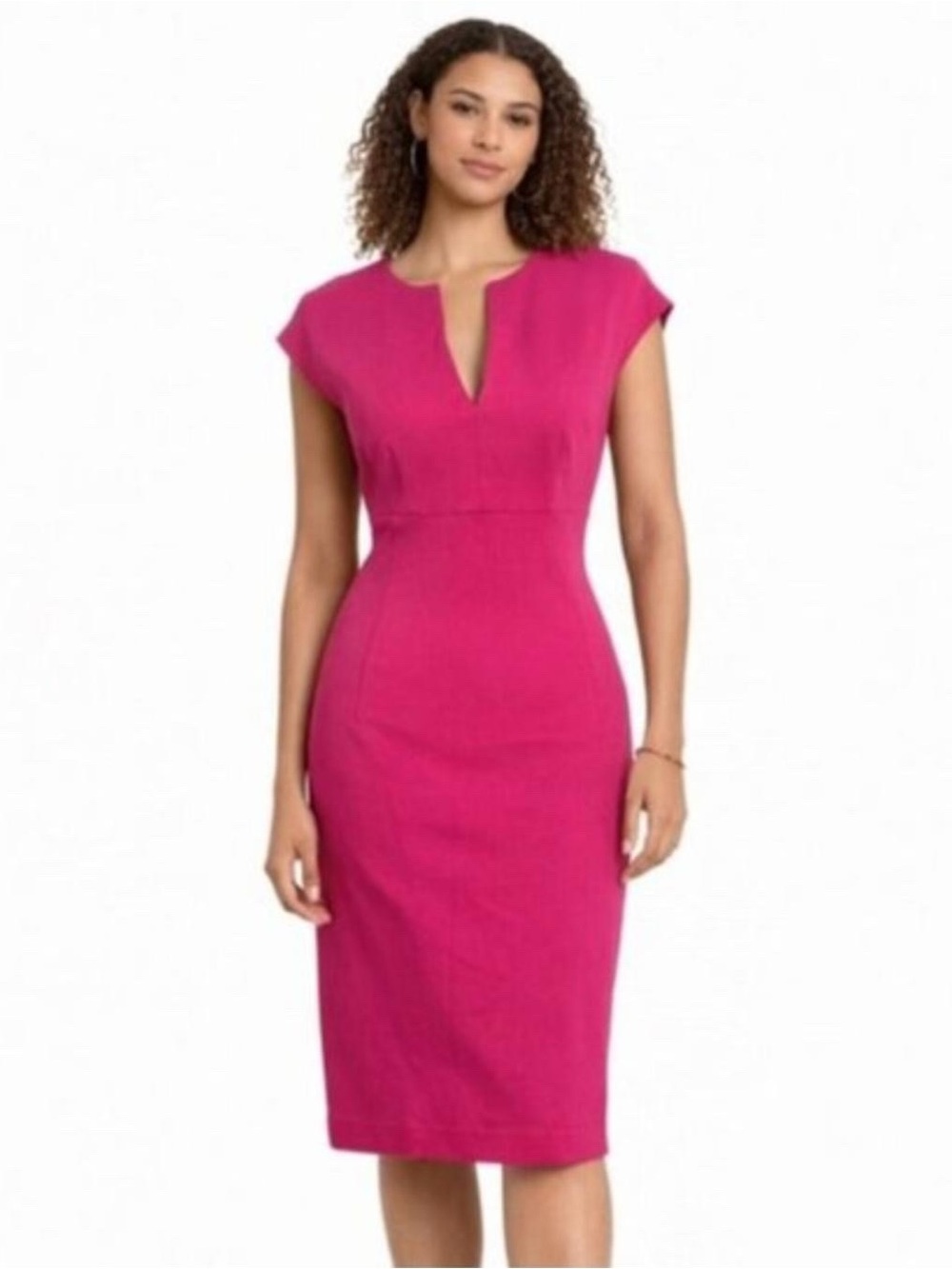 Trina Turkk Pink Cap Sleeve Split Notch Neckline Knee Length Sheath Dress